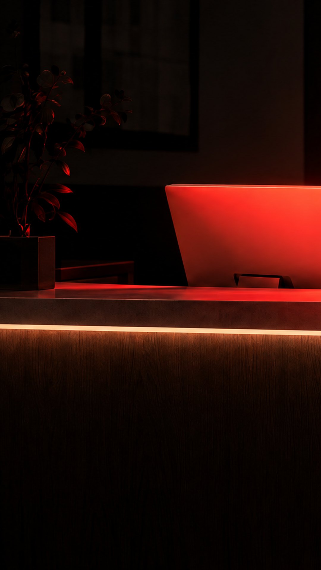 A clinic reception at night, lights off, the screen glowing softly and a thin line of light along the empty counter