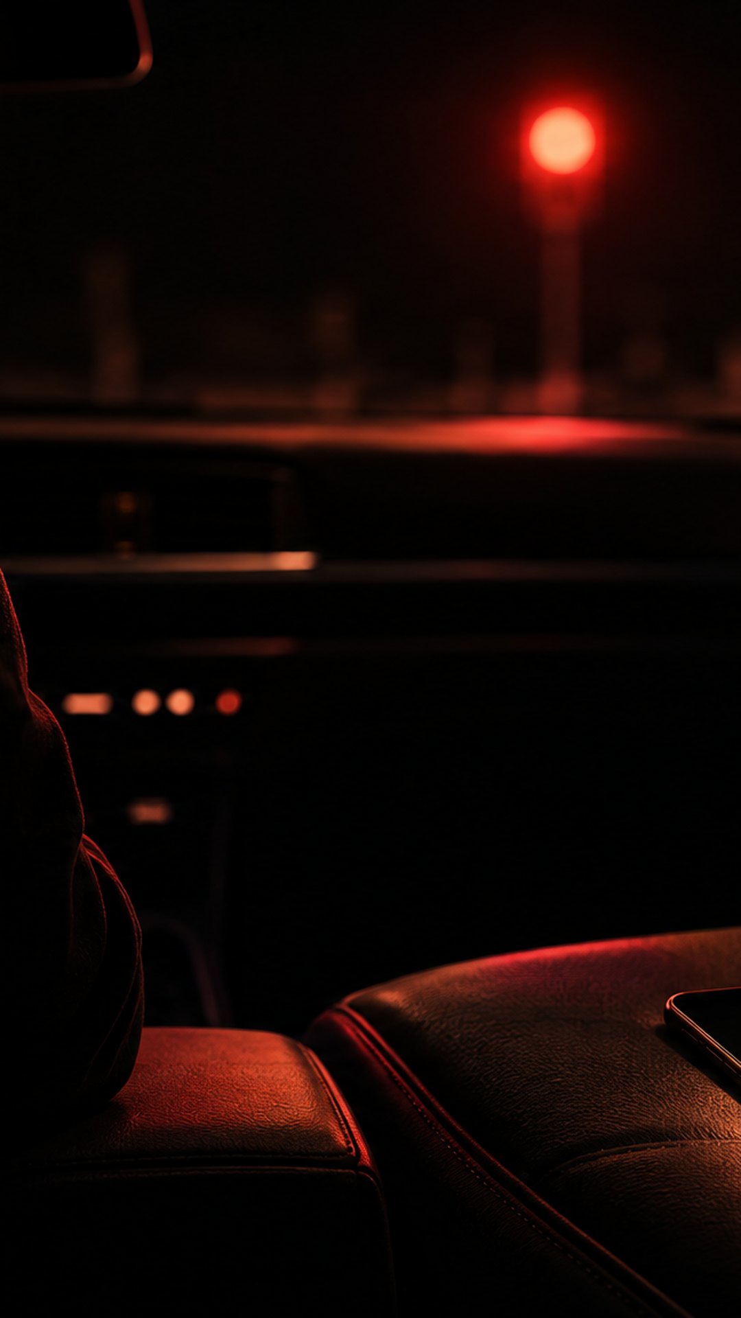 Inside a parked car at night, a phone on the passenger seat lit by a single notification